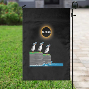 Cute Cartoon Puffins 2026 Total Solar Eclipse Garden Flag August 12 Totality Funny Astronomy Gift TS02 Print Your Wear