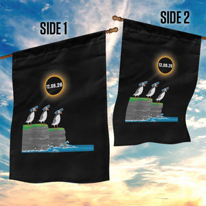 Cute Cartoon Puffins 2026 Total Solar Eclipse Garden Flag August 12 Totality Funny Astronomy Gift TS02 Print Your Wear