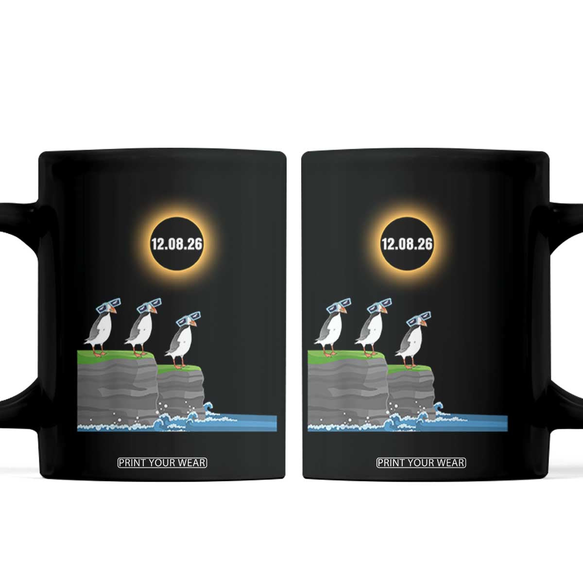 Cute Cartoon Puffins 2026 Total Solar Eclipse Coffee Mug August 12 Totality Funny Astronomy Gift TS02 Black Print Your Wear
