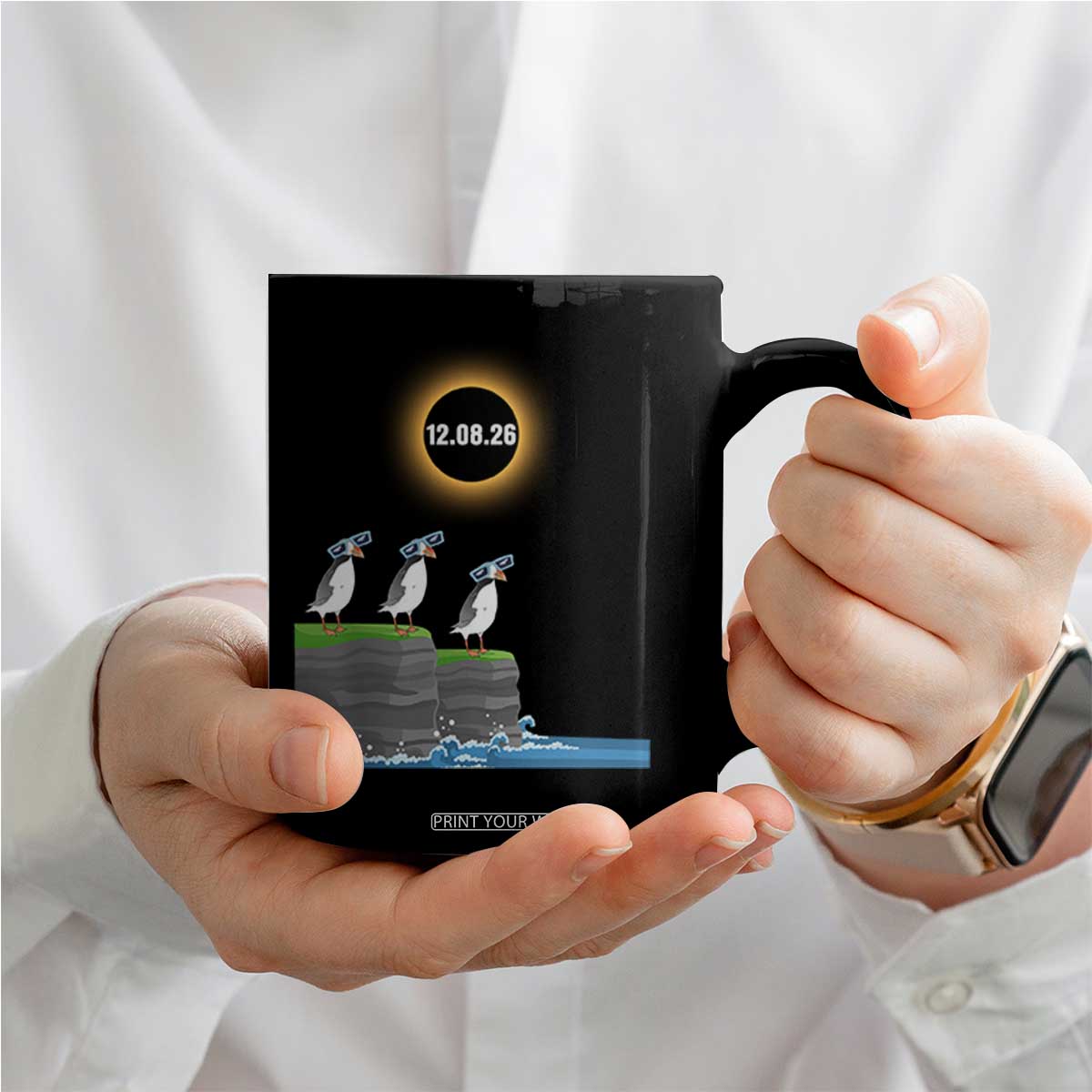 Cute Cartoon Puffins 2026 Total Solar Eclipse Coffee Mug August 12 Totality Funny Astronomy Gift TS02 Print Your Wear