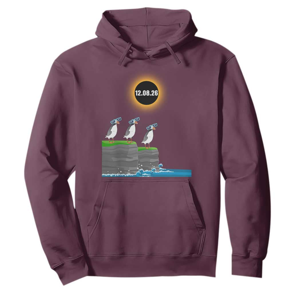 Cute Cartoon Puffins 2026 Total Solar Eclipse Hoodie August 12 Totality Funny Astronomy Gift TS02 Maroon Print Your Wear
