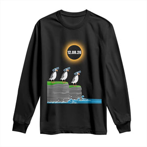 Cute Cartoon Puffins 2026 Total Solar Eclipse Long Sleeve Shirt August 12 Totality Funny Astronomy Gift TS02 Black Print Your Wear