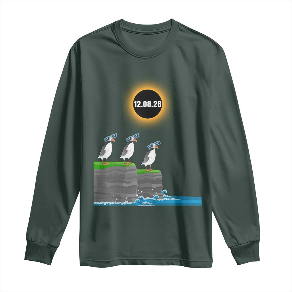 Cute Cartoon Puffins 2026 Total Solar Eclipse Long Sleeve Shirt August 12 Totality Funny Astronomy Gift TS02 Dark Forest Green Print Your Wear