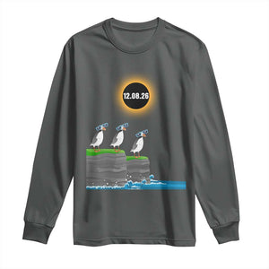 Cute Cartoon Puffins 2026 Total Solar Eclipse Long Sleeve Shirt August 12 Totality Funny Astronomy Gift TS02 Dark Heather Print Your Wear