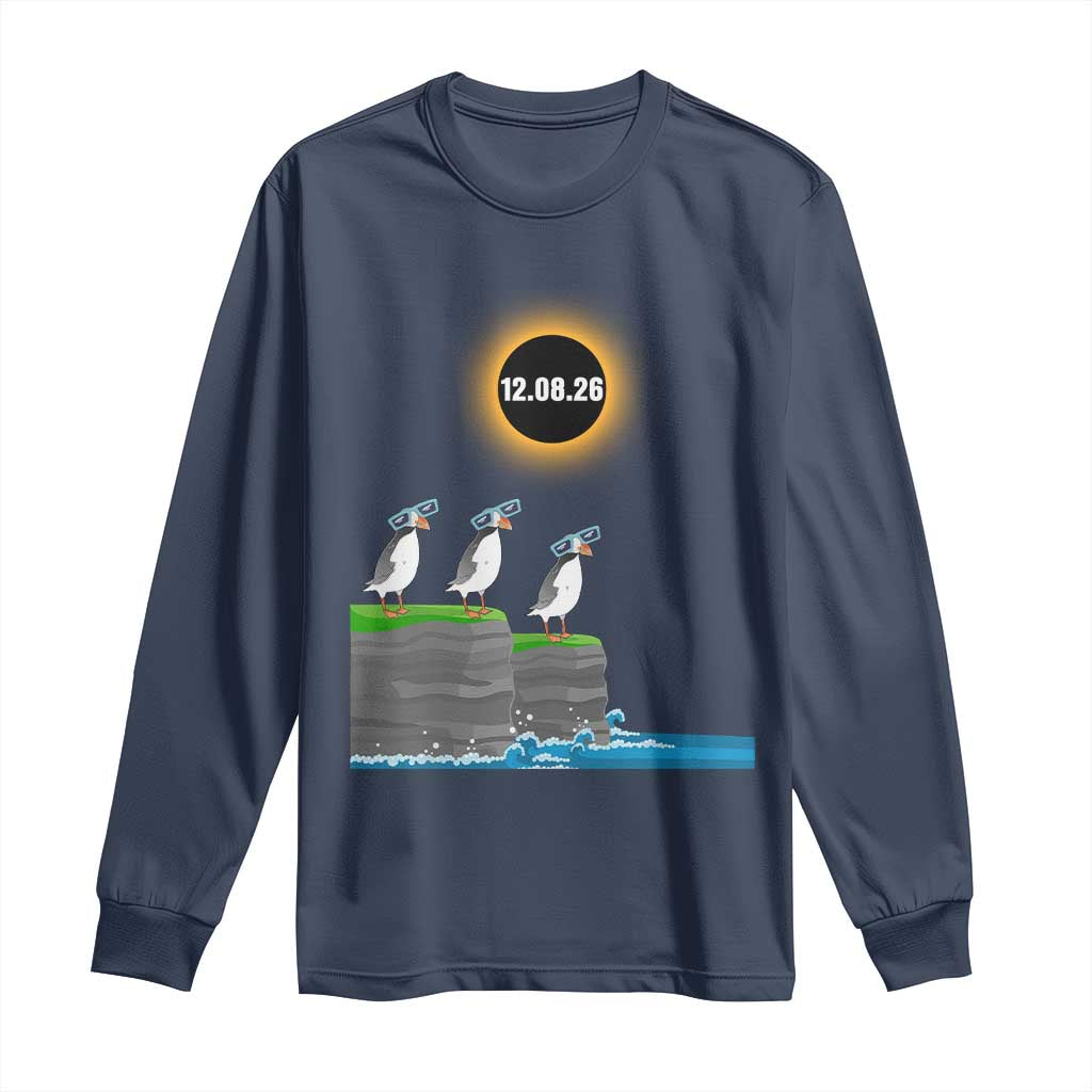 Cute Cartoon Puffins 2026 Total Solar Eclipse Long Sleeve Shirt August 12 Totality Funny Astronomy Gift TS02 Navy Print Your Wear