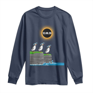 Cute Cartoon Puffins 2026 Total Solar Eclipse Long Sleeve Shirt August 12 Totality Funny Astronomy Gift TS02 Navy Print Your Wear