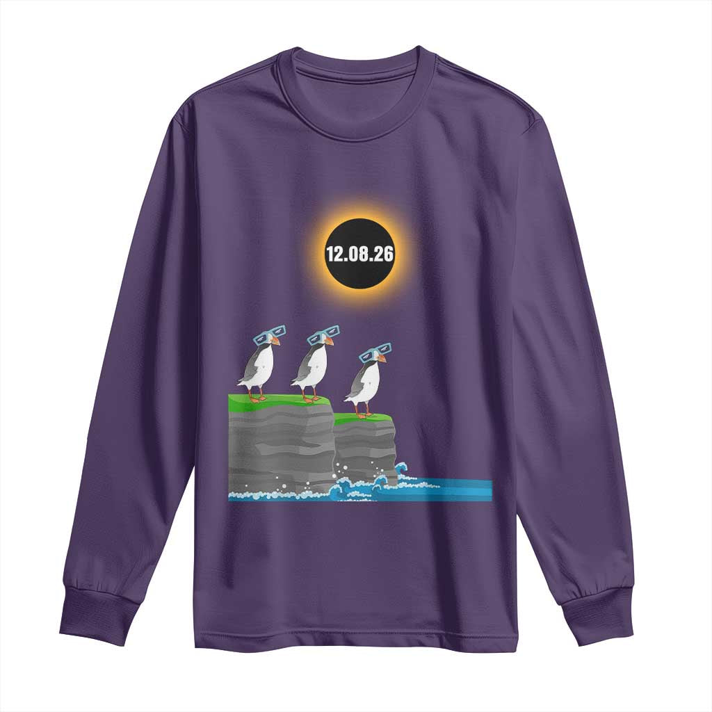 Cute Cartoon Puffins 2026 Total Solar Eclipse Long Sleeve Shirt August 12 Totality Funny Astronomy Gift TS02 Purple Print Your Wear