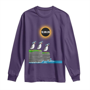 Cute Cartoon Puffins 2026 Total Solar Eclipse Long Sleeve Shirt August 12 Totality Funny Astronomy Gift TS02 Purple Print Your Wear