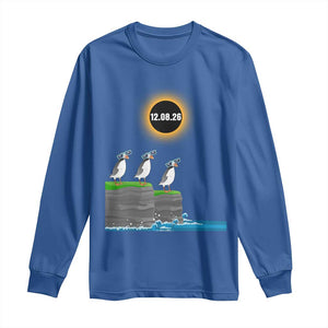 Cute Cartoon Puffins 2026 Total Solar Eclipse Long Sleeve Shirt August 12 Totality Funny Astronomy Gift TS02 Royal Blue Print Your Wear
