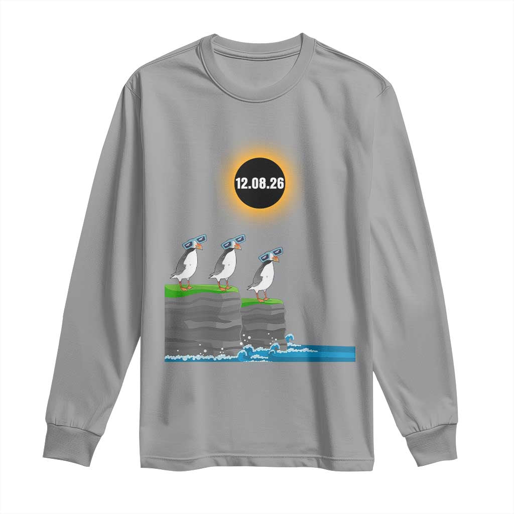Cute Cartoon Puffins 2026 Total Solar Eclipse Long Sleeve Shirt August 12 Totality Funny Astronomy Gift TS02 Sport Gray Print Your Wear