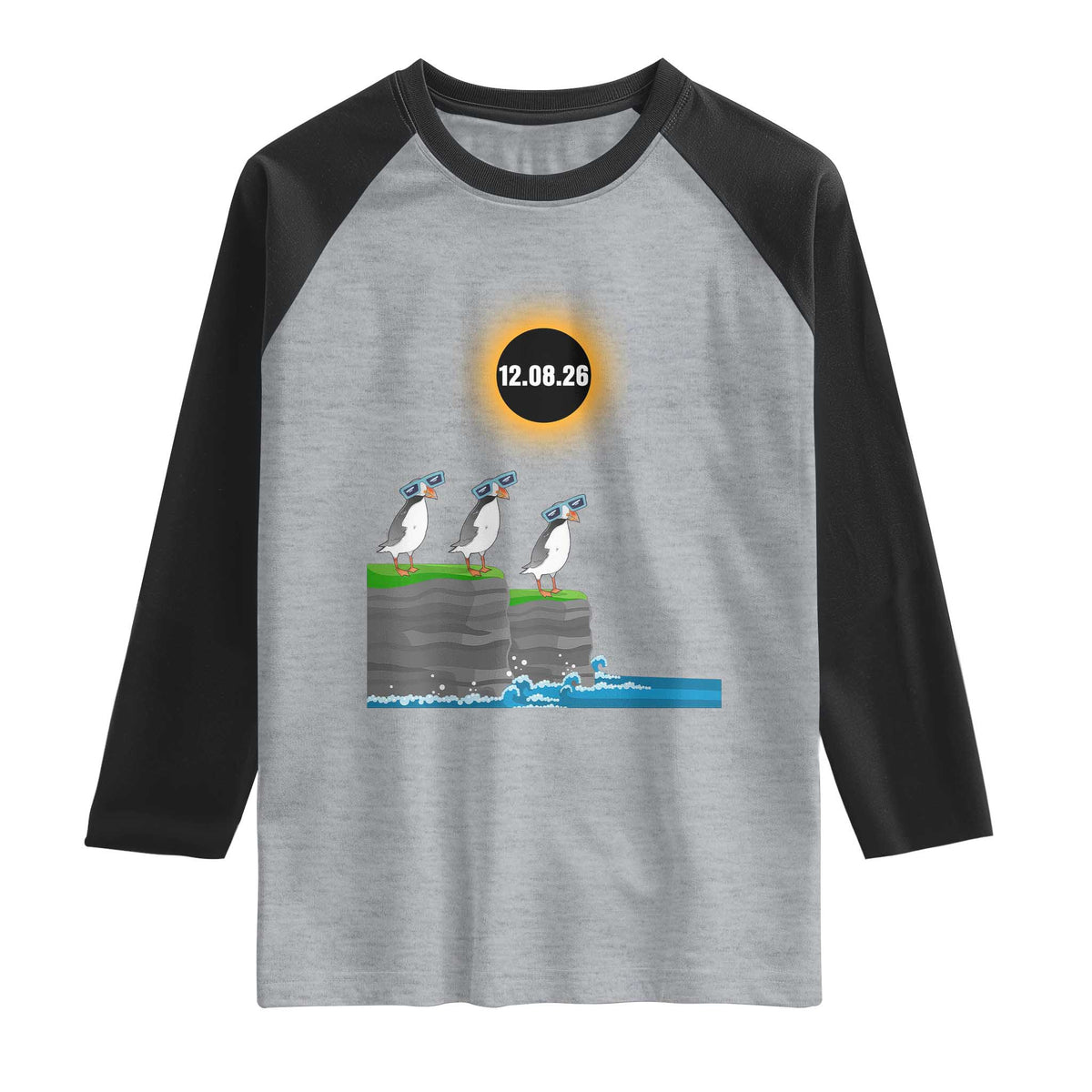 Cute Cartoon Puffins 2026 Total Solar Eclipse Raglan Shirt August 12 Totality Funny Astronomy Gift TS02 Heather Gray Black Print Your Wear