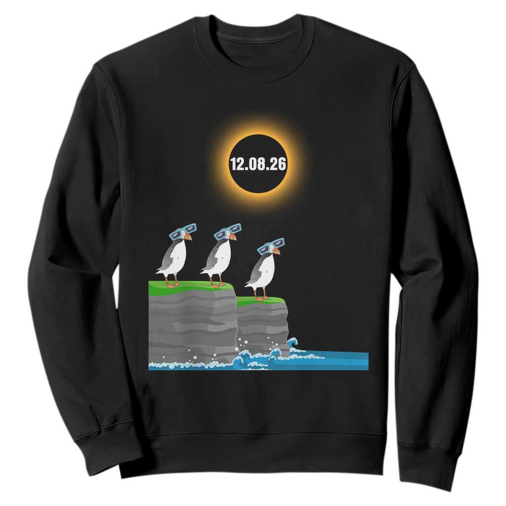 Cute Cartoon Puffins 2026 Total Solar Eclipse Sweatshirt August 12 Totality Funny Astronomy Gift TS02 Black Print Your Wear