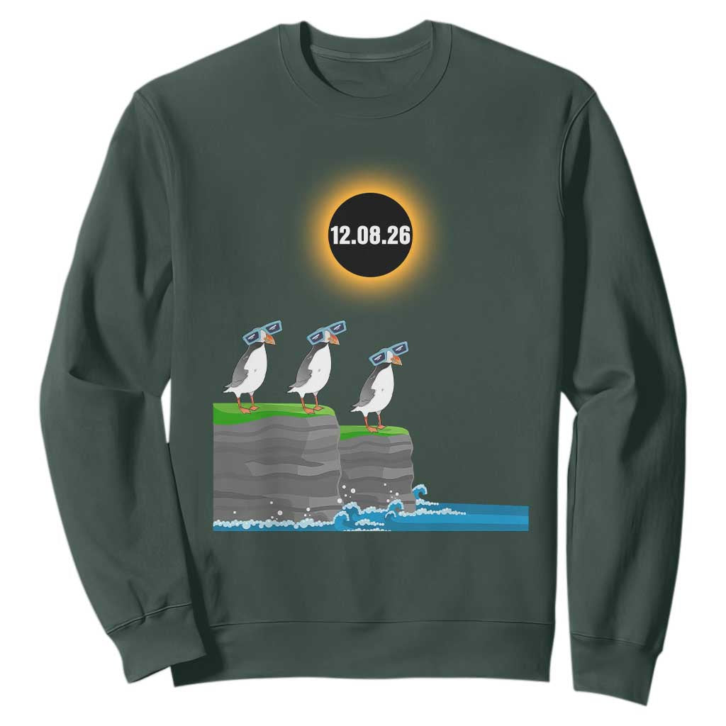 Cute Cartoon Puffins 2026 Total Solar Eclipse Sweatshirt August 12 Totality Funny Astronomy Gift TS02 Dark Forest Green Print Your Wear