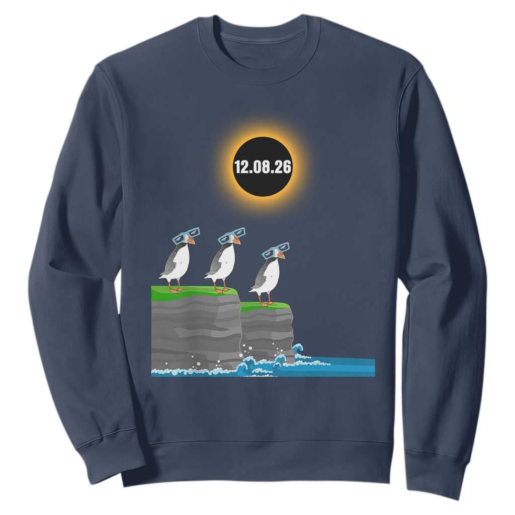 Cute Cartoon Puffins 2026 Total Solar Eclipse Sweatshirt August 12 Totality Funny Astronomy Gift TS02 Navy Print Your Wear