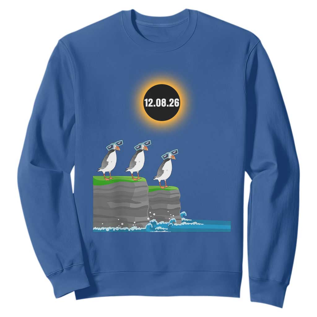 Cute Cartoon Puffins 2026 Total Solar Eclipse Sweatshirt August 12 Totality Funny Astronomy Gift TS02 Royal Blue Print Your Wear