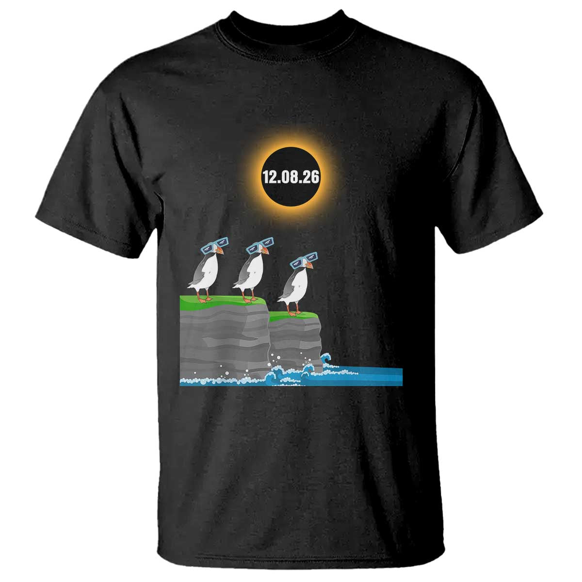Cute Cartoon Puffins 2026 Total Solar Eclipse T Shirt August 12 Totality Funny Astronomy Gift TS02 Black Print Your Wear