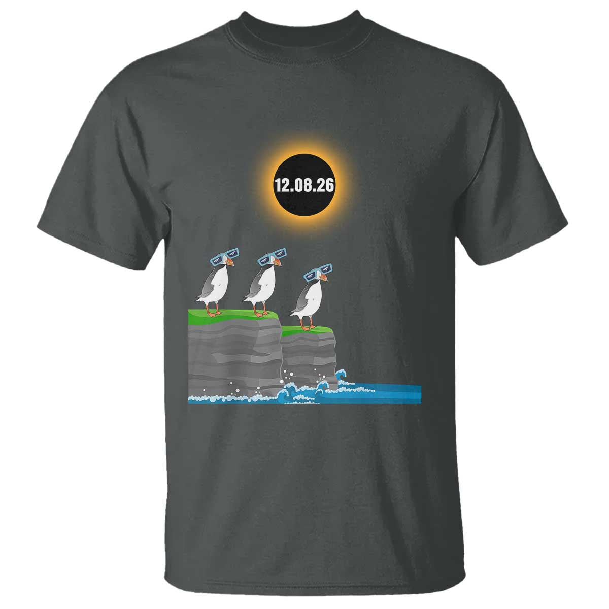 Cute Cartoon Puffins 2026 Total Solar Eclipse T Shirt August 12 Totality Funny Astronomy Gift TS02 Dark Heather Print Your Wear