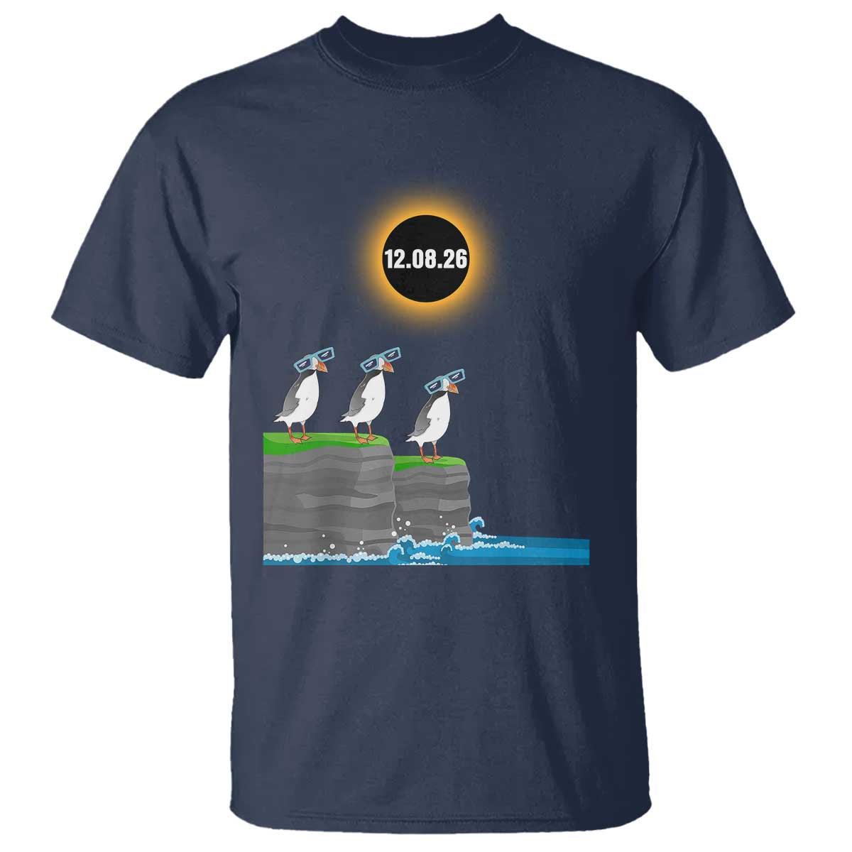 Cute Cartoon Puffins 2026 Total Solar Eclipse T Shirt August 12 Totality Funny Astronomy Gift TS02 Navy Print Your Wear