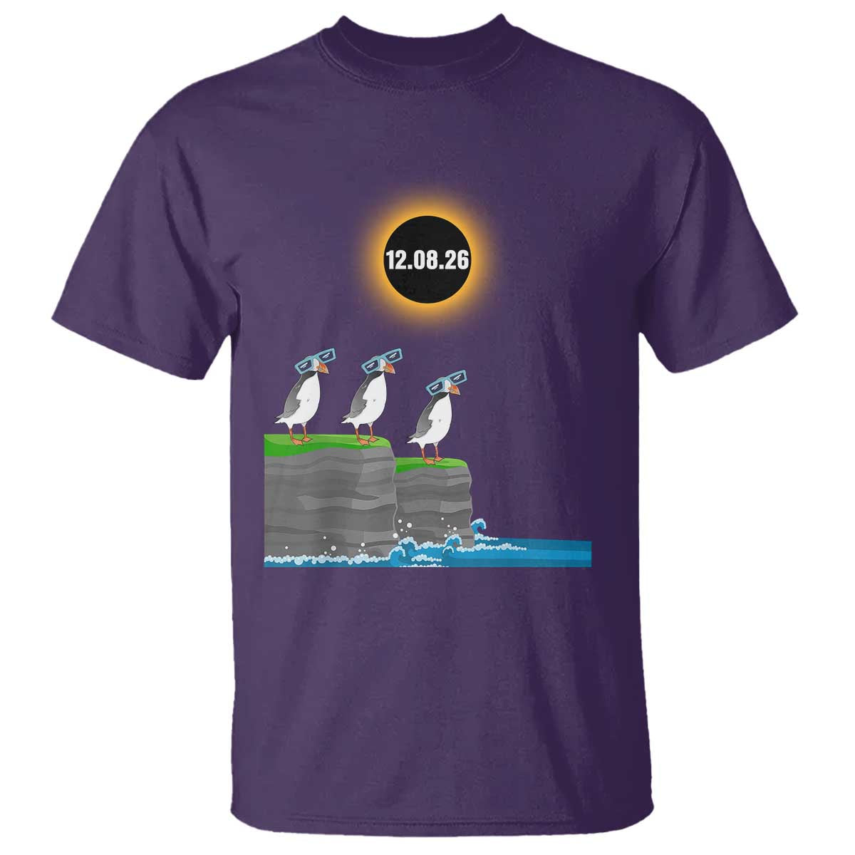 Cute Cartoon Puffins 2026 Total Solar Eclipse T Shirt August 12 Totality Funny Astronomy Gift TS02 Purple Print Your Wear