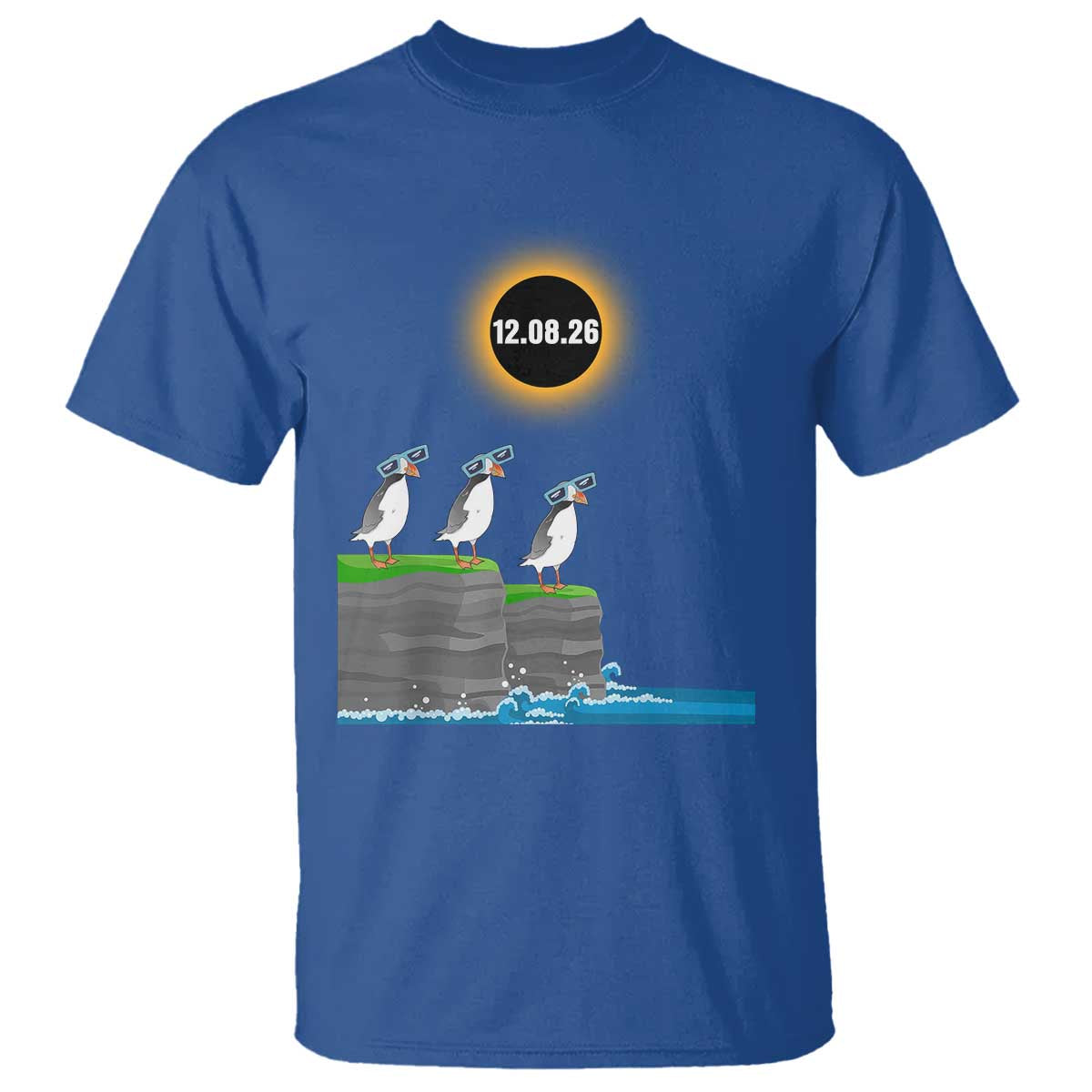 Cute Cartoon Puffins 2026 Total Solar Eclipse T Shirt August 12 Totality Funny Astronomy Gift TS02 Royal Blue Print Your Wear
