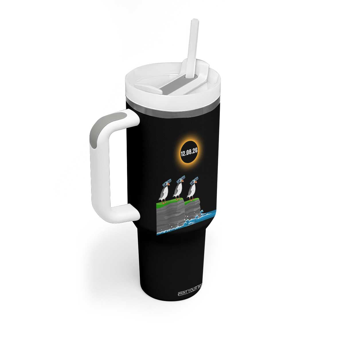 Cute Cartoon Puffins 2026 Total Solar Eclipse Tumbler With Handle August 12 Totality Funny Astronomy Gift TS02 Print Your Wear