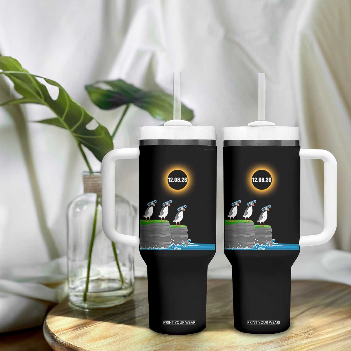 Cute Cartoon Puffins 2026 Total Solar Eclipse Tumbler With Handle August 12 Totality Funny Astronomy Gift TS02 Print Your Wear