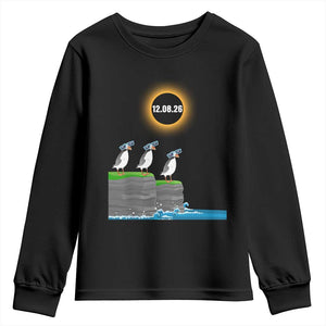 Cute Cartoon Puffins 2026 Total Solar Eclipse Youth Sweatshirt August 12 Totality Funny Astronomy Gift TS02 Black Print Your Wear