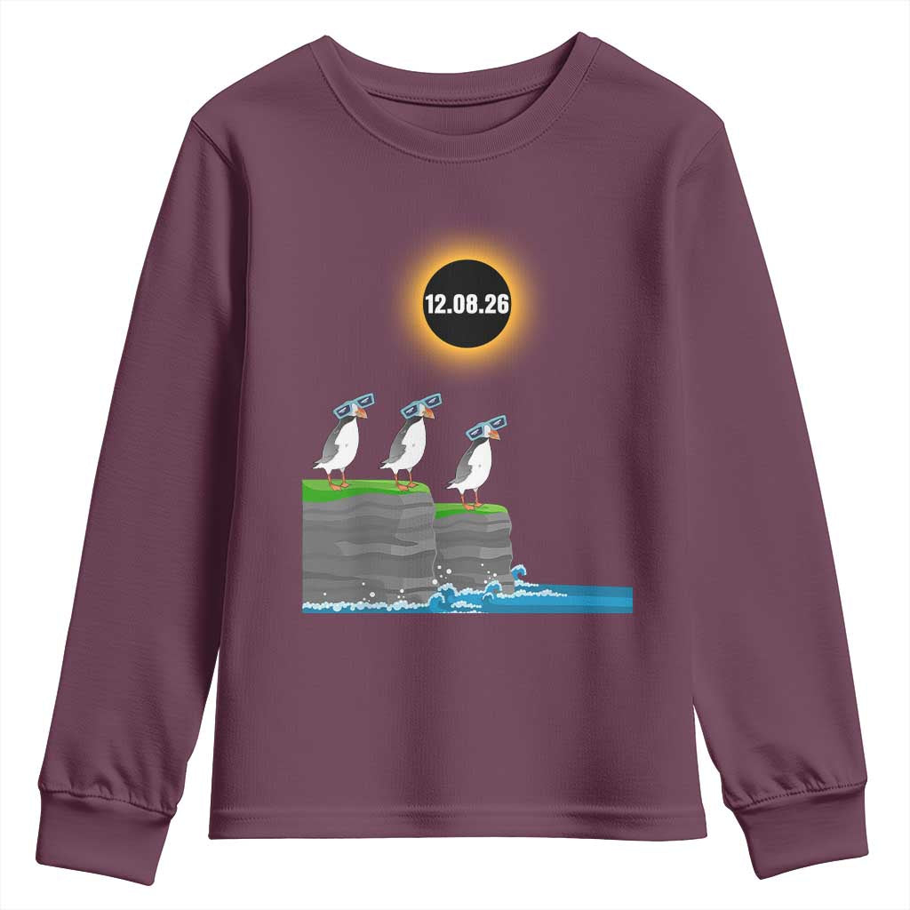 Cute Cartoon Puffins 2026 Total Solar Eclipse Youth Sweatshirt August 12 Totality Funny Astronomy Gift TS02 Maroon Print Your Wear