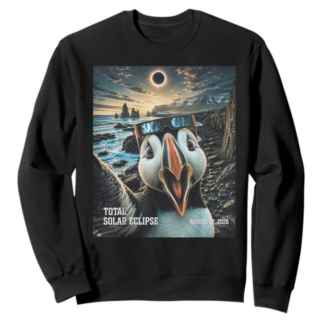 Puffin Selfie August 12 2026 Total Solar Eclipse Sweatshirt Funny Totality Photographic Astronomy Souvenir TS02 Black Print Your Wear
