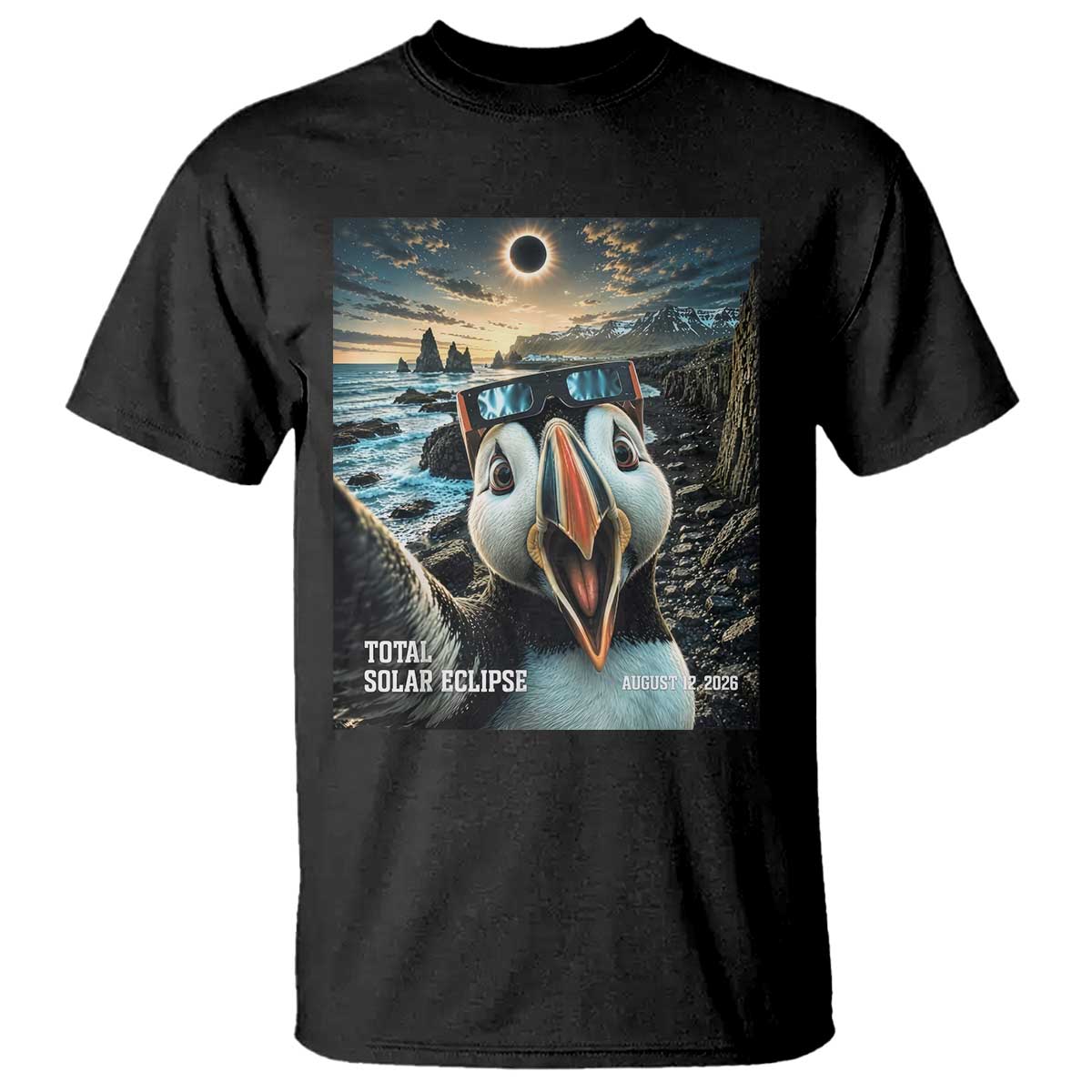 Puffin Selfie August 12 2026 Total Solar Eclipse T Shirt Funny Totality Photographic Astronomy Souvenir TS02 Black Print Your Wear