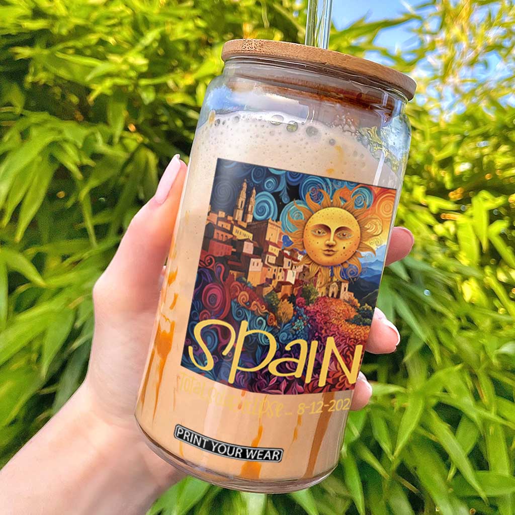 Spain 2026 Total Solar Eclipse Sun Face Graphic Glass Can Espana Totality Travel Memorabilia Astronomy Geek Gift TS02 Black Print Your Wear