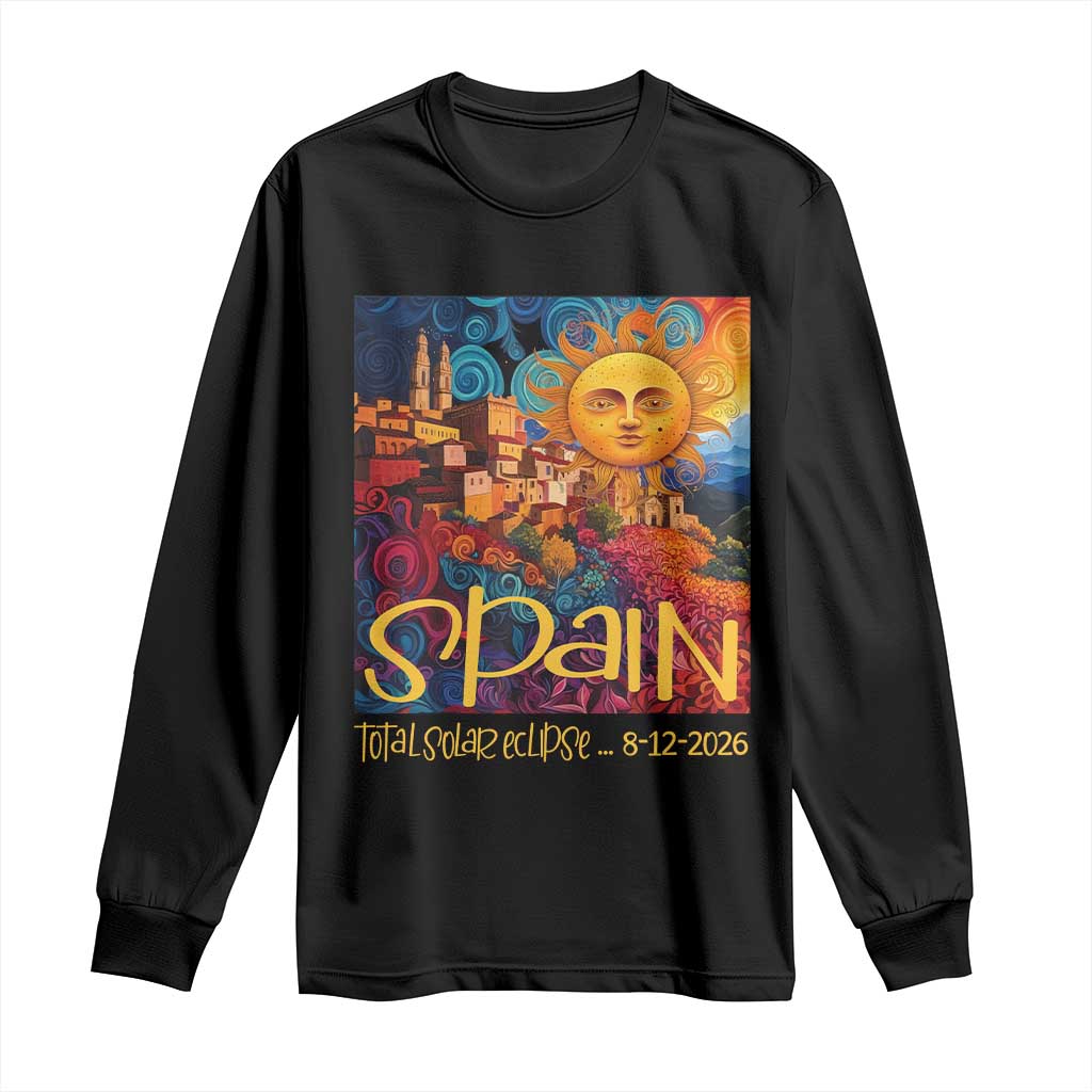 Spain 2026 Total Solar Eclipse Sun Face Graphic Long Sleeve Shirt Espana Totality Travel Memorabilia Astronomy Geek Gift TS02 Black Print Your Wear