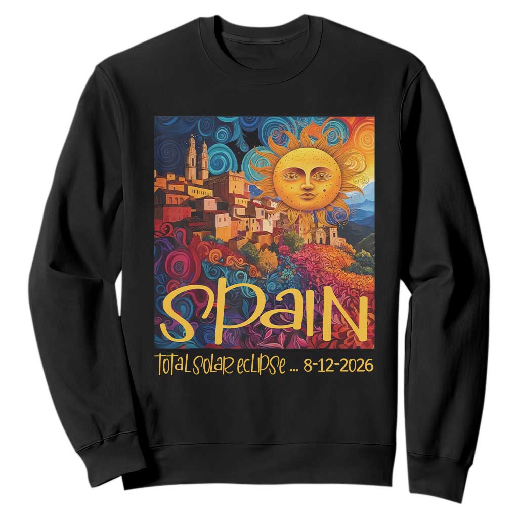 Spain 2026 Total Solar Eclipse Sun Face Graphic Sweatshirt Espana Totality Travel Memorabilia Astronomy Geek Gift TS02 Black Print Your Wear