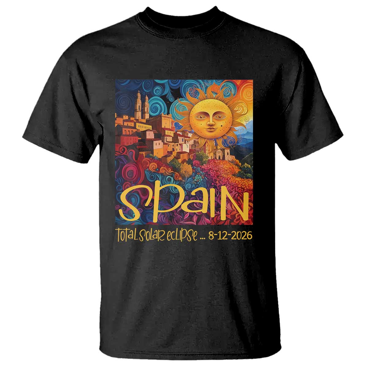 Spain 2026 Total Solar Eclipse Sun Face Graphic T Shirt Espana Totality Travel Memorabilia Astronomy Geek Gift TS02 Black Print Your Wear