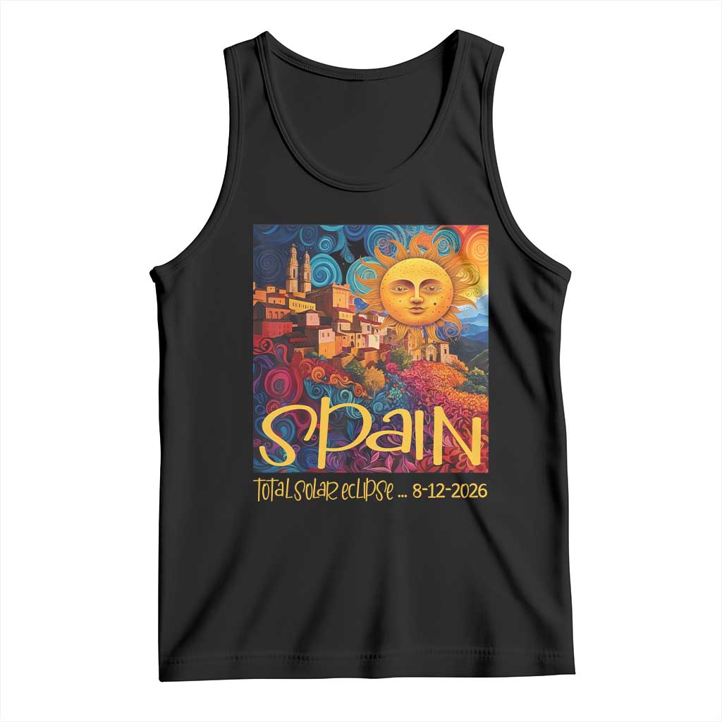 Spain 2026 Total Solar Eclipse Sun Face Graphic Tank Top Espana Totality Travel Memorabilia Astronomy Geek Gift TS02 Black Print Your Wear