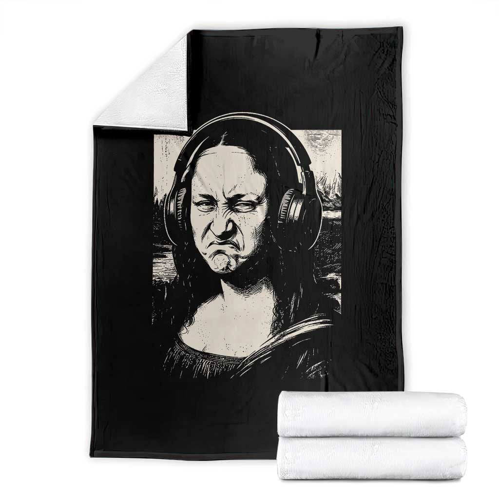 Funny Mona Lisa Wearing Headphones Bass Face Meme Throw Blanket Funny Classical Fine Art Parody Music Producer Graphic TS02 Black Print Your Wear