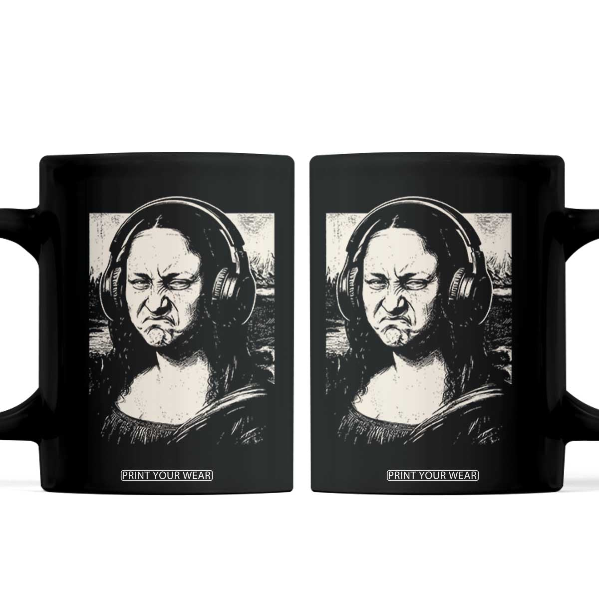 Funny Mona Lisa Wearing Headphones Bass Face Meme Coffee Mug Funny Classical Fine Art Parody Music Producer Graphic TS02 Black Print Your Wear