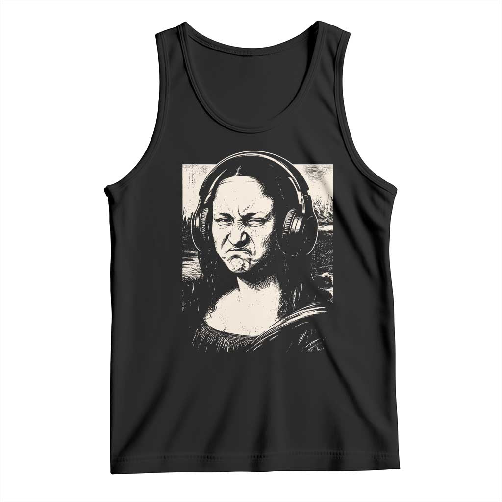 Funny Mona Lisa Wearing Headphones Bass Face Meme Tank Top Funny Classical Fine Art Parody Music Producer Graphic TS02 Black Print Your Wear