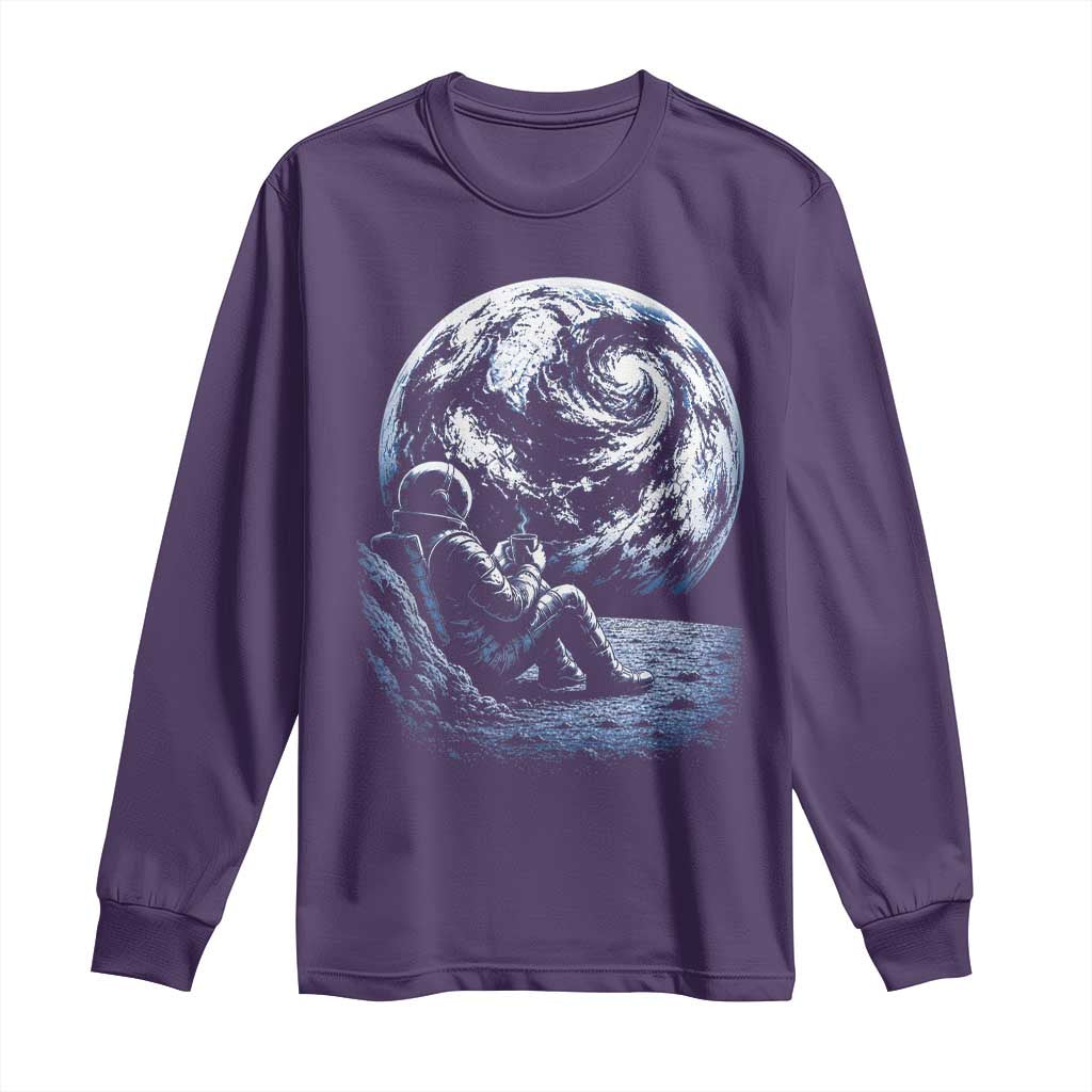 Astronaut Drinking Coffee On The Moon Graphic Long Sleeve Shirt Vintage Sci Fi Earth Horizon Space Explorer TS02 Purple Print Your Wear