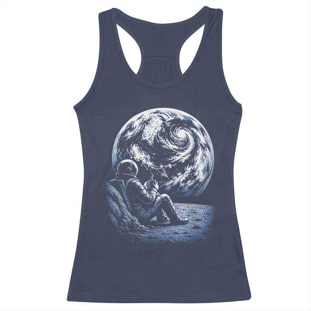 Astronaut Drinking Coffee On The Moon Graphic Racerback Tank Top Vintage Sci Fi Earth Horizon Space Explorer TS02 Navy Print Your Wear