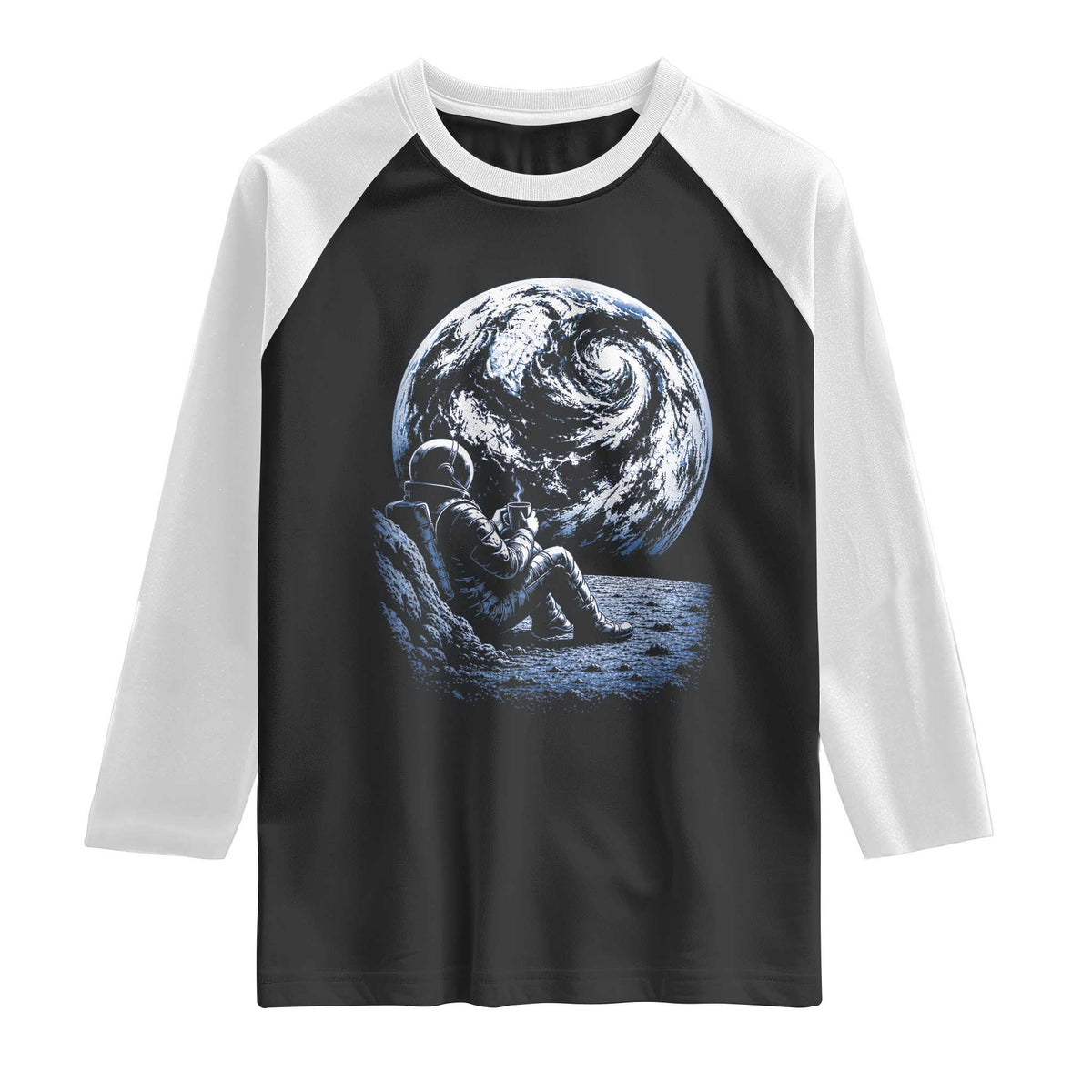 Astronaut Drinking Coffee On The Moon Graphic Raglan Shirt Vintage Sci Fi Earth Horizon Space Explorer TS02 Black White Print Your Wear