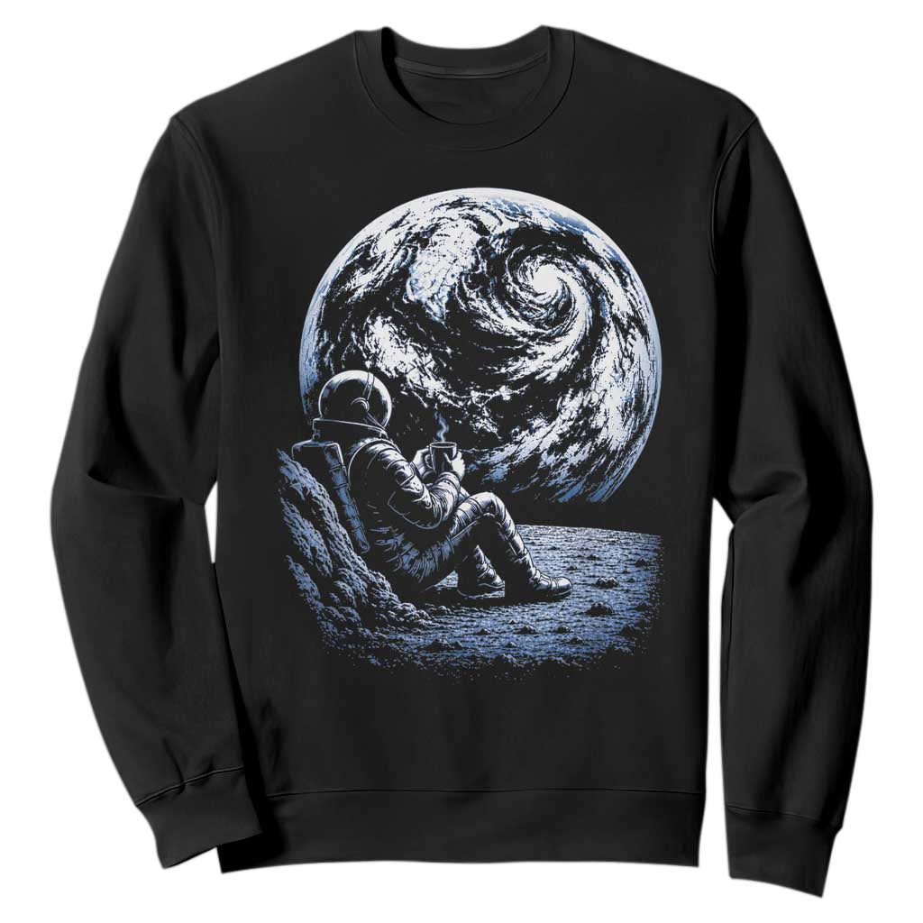 Astronaut Drinking Coffee On The Moon Graphic Sweatshirt Vintage Sci Fi Earth Horizon Space Explorer TS02 Black Print Your Wear