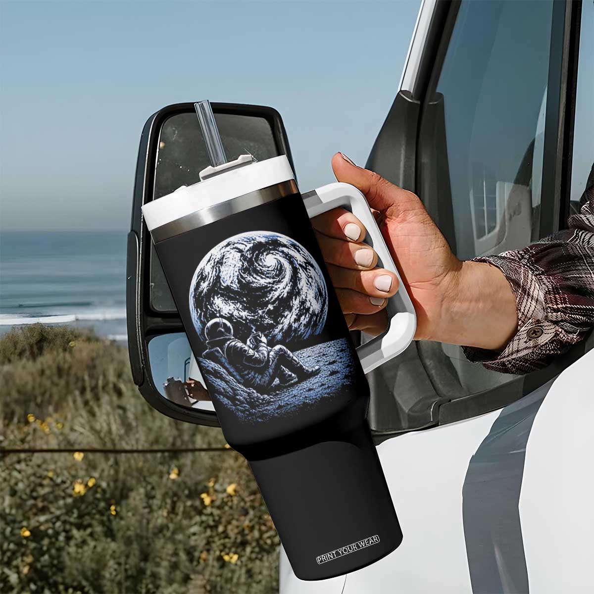 Astronaut Drinking Coffee On The Moon Graphic Tumbler With Handle Vintage Sci Fi Earth Horizon Space Explorer TS02 Print Your Wear