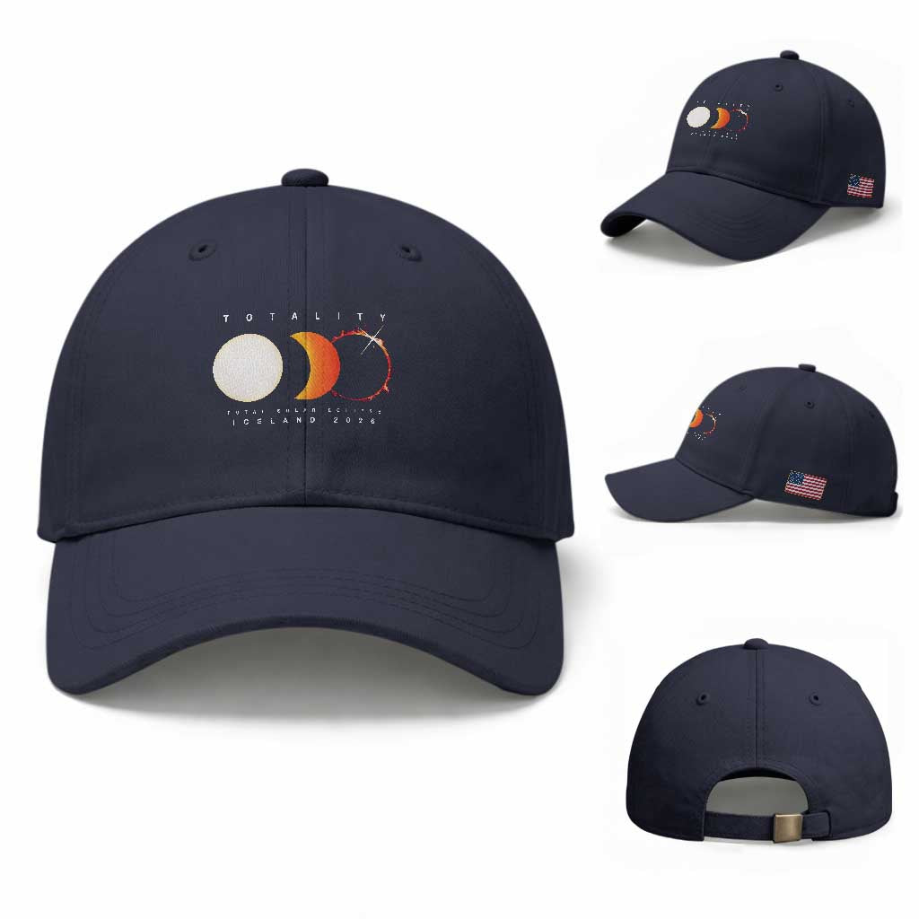 Iceland Total Solar Eclipse 2026 Totality Baseball Cap Travel Souvenir Astronomy Geek Gift TS02 Baseball Cap Universal Fit Navy Print Your Wear