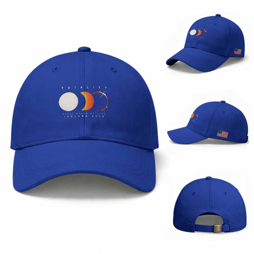 Iceland Total Solar Eclipse 2026 Totality Baseball Cap Travel Souvenir Astronomy Geek Gift TS02 Baseball Cap Universal Fit Royal Blue Print Your Wear
