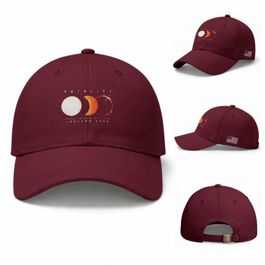 Iceland Total Solar Eclipse 2026 Totality Baseball Cap Travel Souvenir Astronomy Geek Gift TS02 Baseball Cap Universal Fit Maroon Print Your Wear