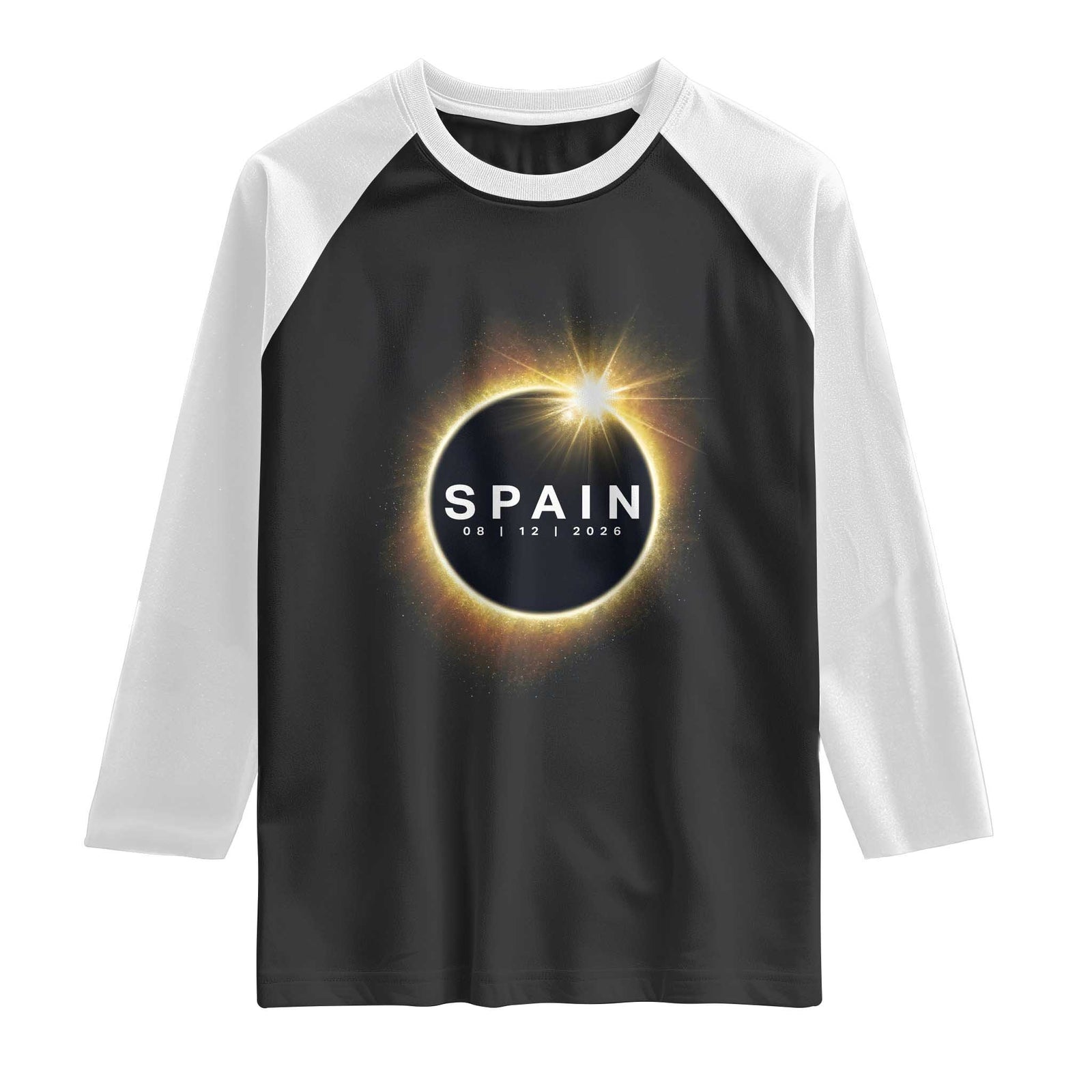 Spain Total Solar Eclipse 2026 Raglan Shirt Path of Totality Astronomy Gift TS02 Black White Print Your Wear
