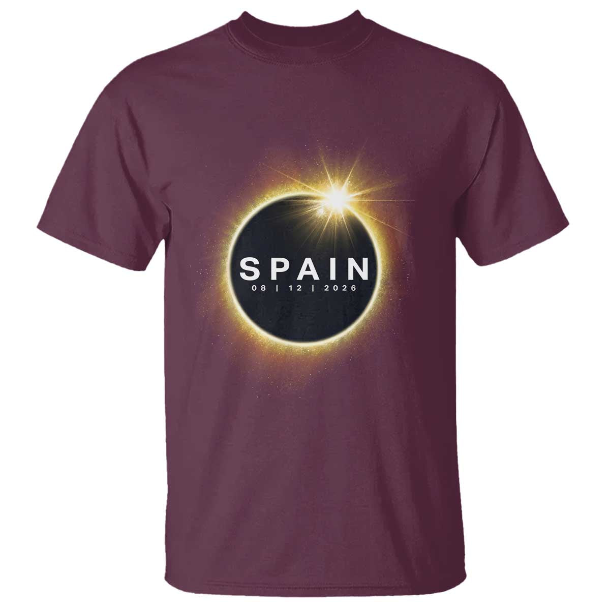 Spain Total Solar Eclipse 2026 T Shirt Path of Totality Astronomy Gift TS02 Maroon Print Your Wear