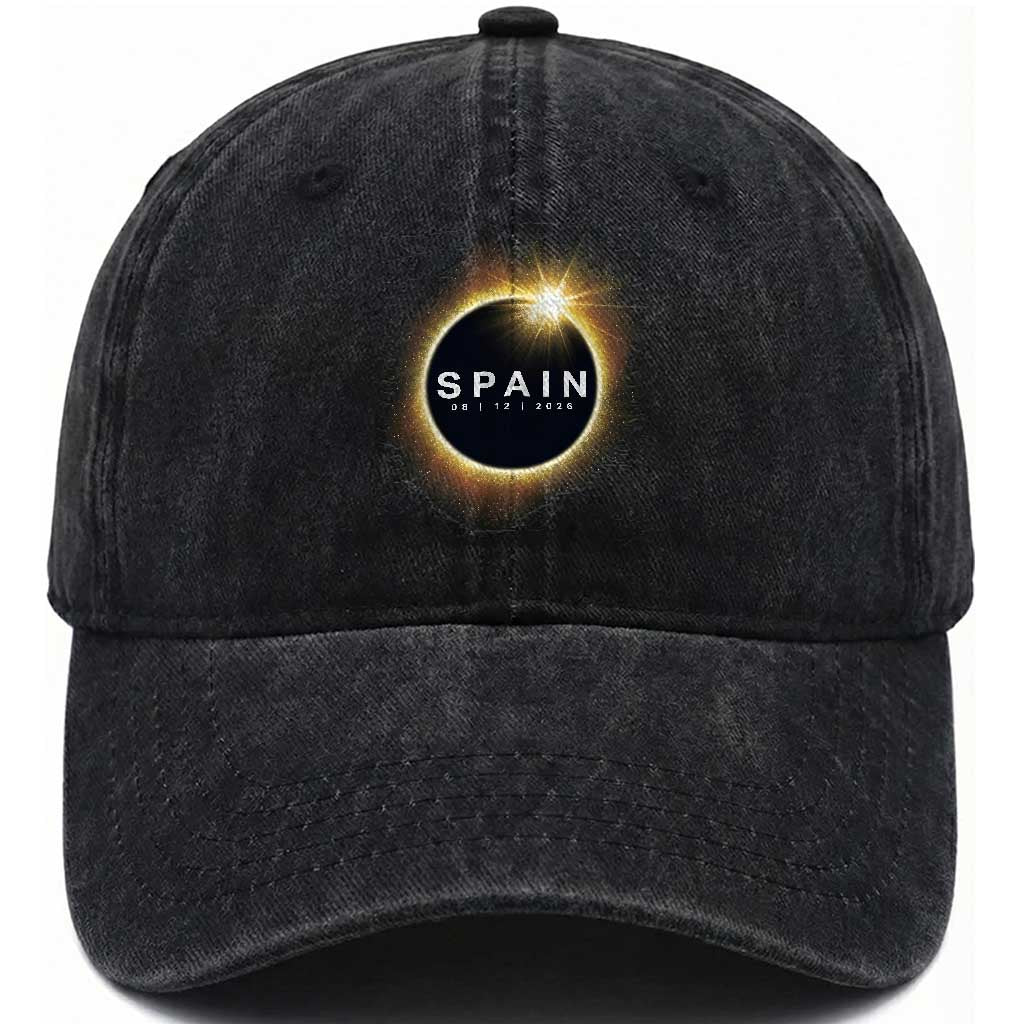 Spain Total Solar Eclipse 2026 Washed Cotton Baseball Cap Path of Totality Astronomy Gift TS02 Print Your Wear