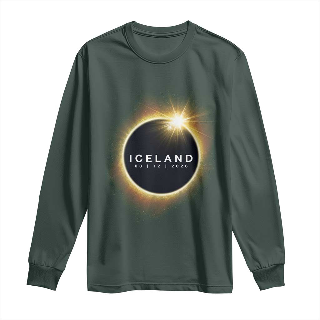 Iceland Total Solar Eclipse 2026 Long Sleeve Shirt Path of Totality Astronomy Gift TS02 Dark Forest Green Print Your Wear